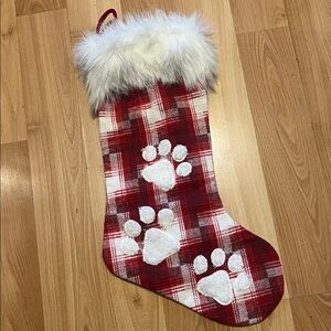 Red and white Christmas Stocking faux fur top   Sherpa white paw dog prints